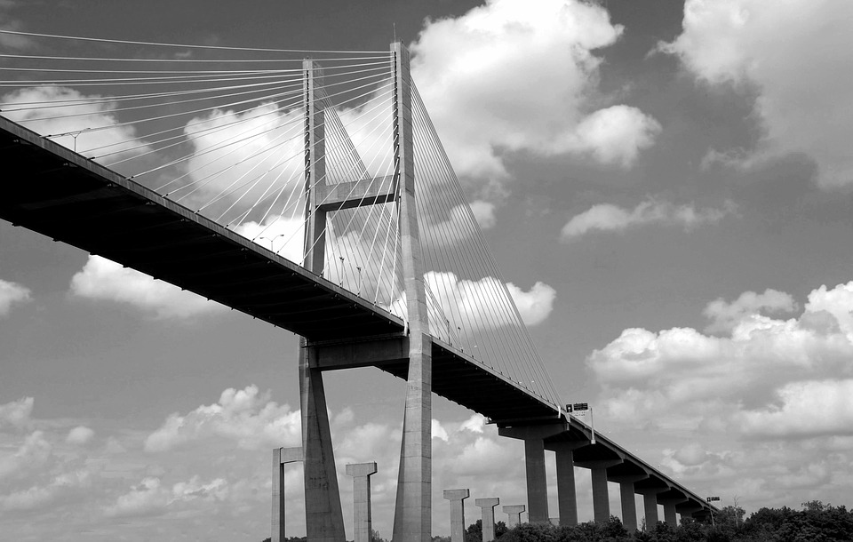 bridge span, bridge, black and white