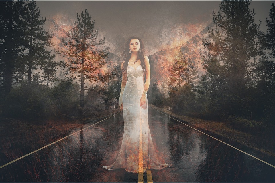 forest fire, angel, road