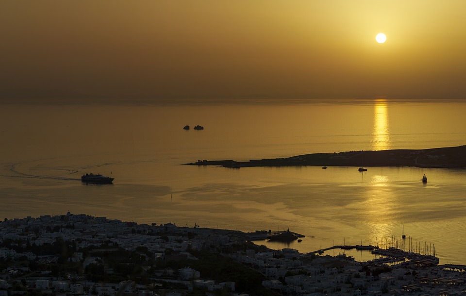 sunset, island, greek